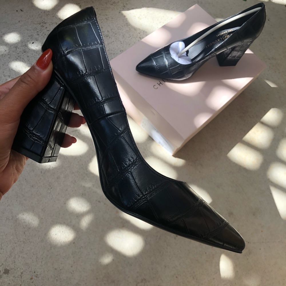 Croc black faux patent leather block heel